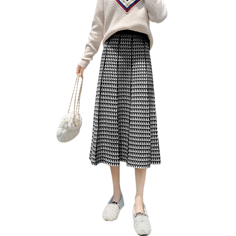 

í•˜ë¼ì£¼ì¿ ì¹˜ë§ˆ Vintage Knitted Autumn And Winter Women A-Line Long Skirts Warm Thick High-Waist Mid-Calf Skirt Casual All-Match